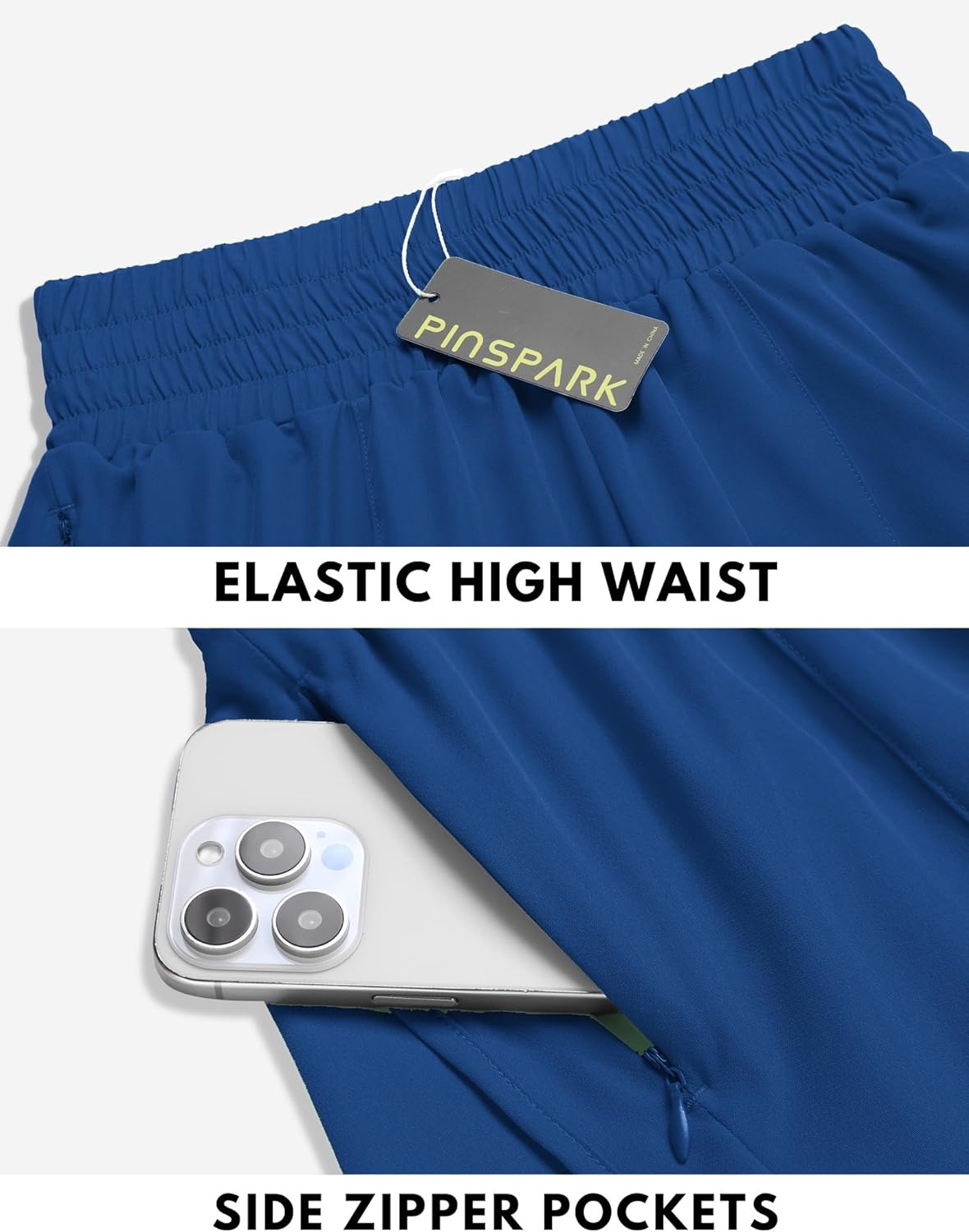 image:imagePINSPARK Women 3 High Waisted Running Shorts Athletic Workout Short Quick Dry Mesh Liner Dolphin Shorts with 2 Zip PocketsClassic Blue