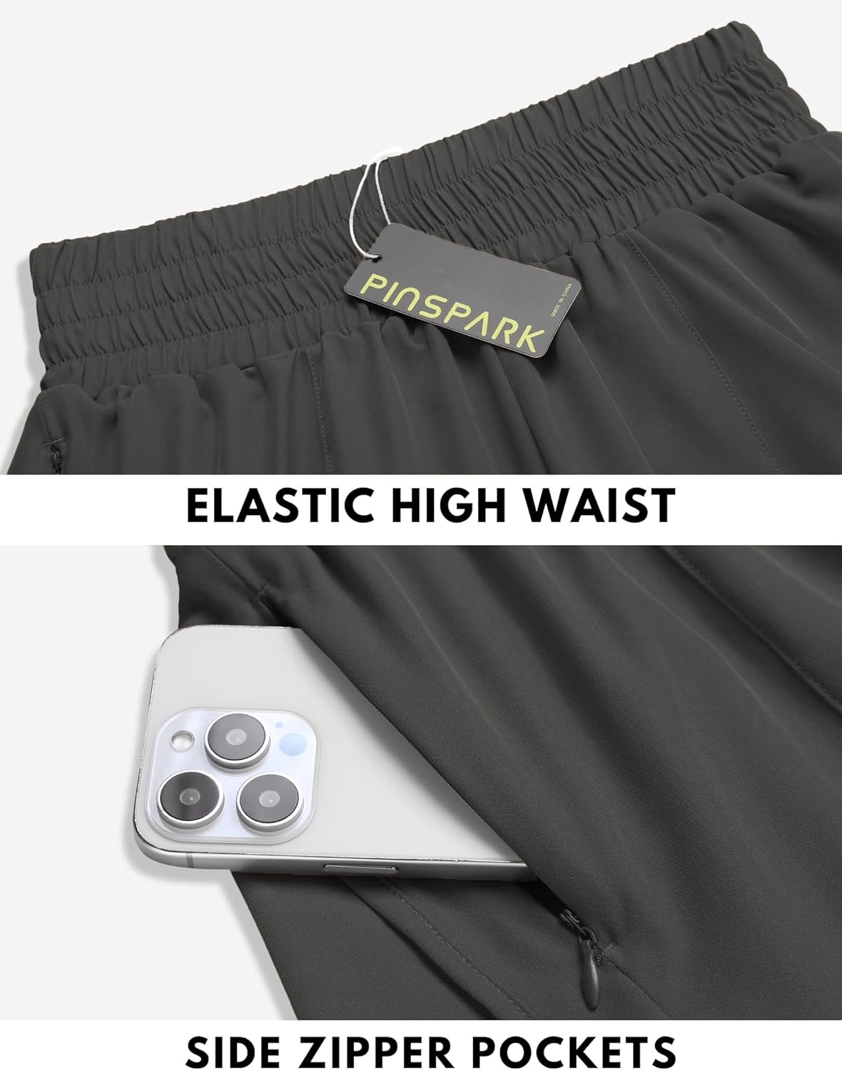 image:imagePINSPARK Women 3 High Waisted Running Shorts Athletic Workout Short Quick Dry Mesh Liner Dolphin Shorts with 2 Zip PocketsDark Gray
