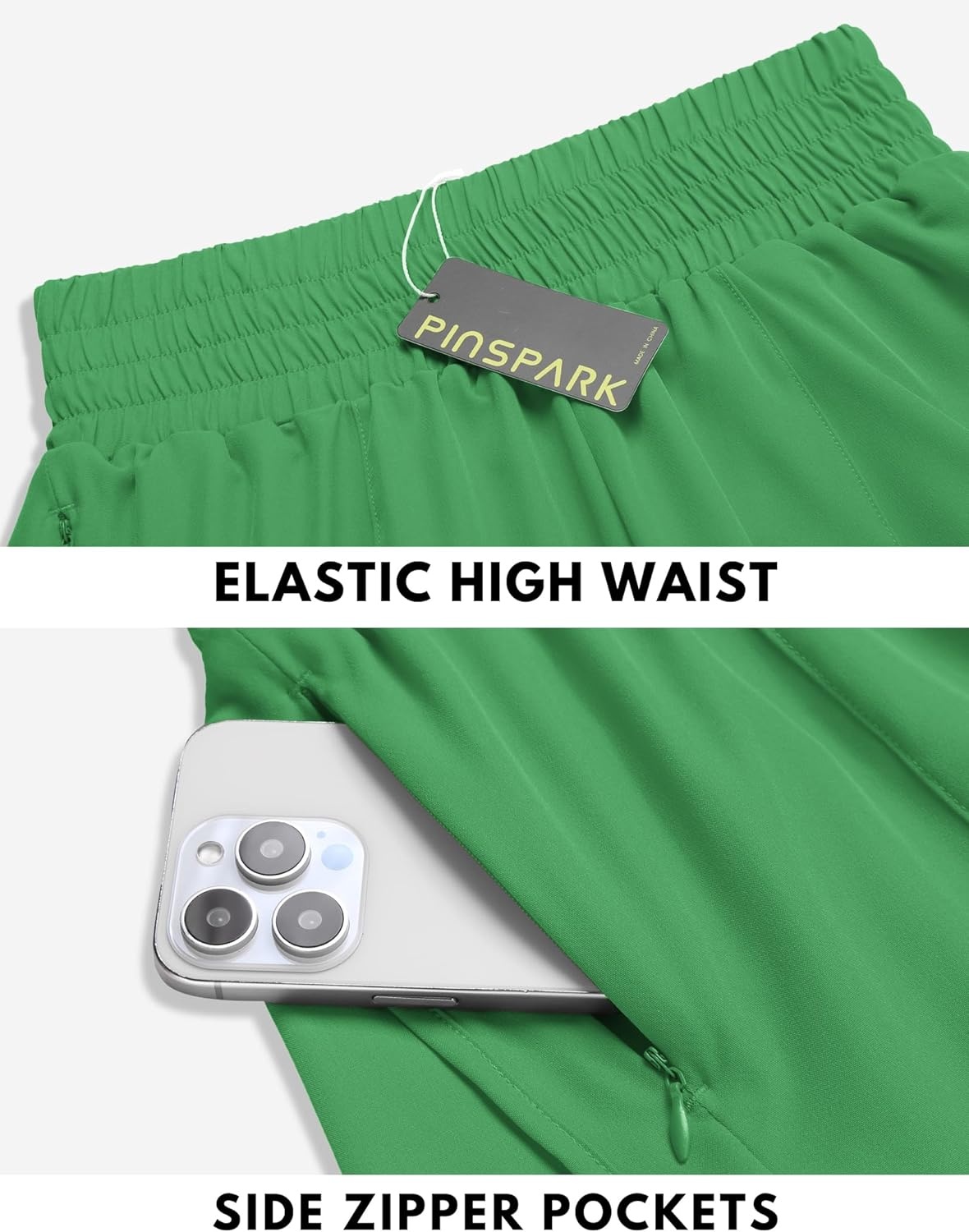 image:imagePINSPARK Women 3 High Waisted Running Shorts Athletic Workout Short Quick Dry Mesh Liner Dolphin Shorts with 2 Zip PocketsGreen