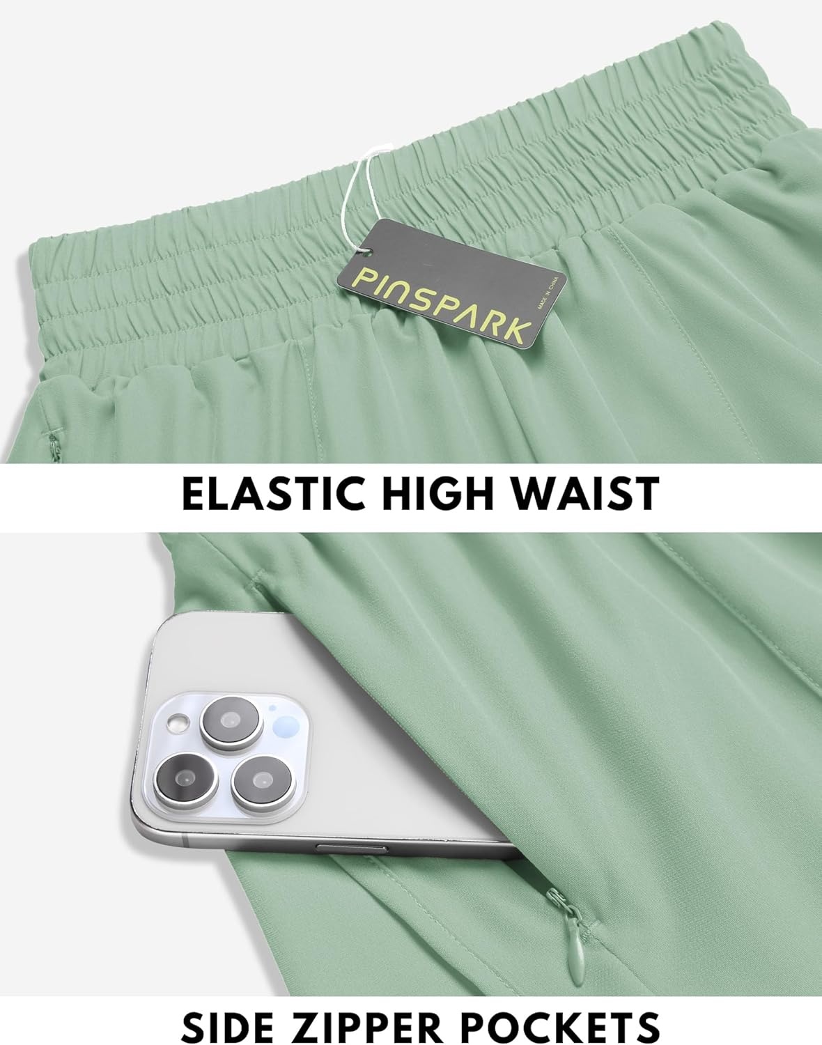 image:imagePINSPARK Women 3 High Waisted Running Shorts Athletic Workout Short Quick Dry Mesh Liner Dolphin Shorts with 2 Zip PocketsGreen Mist