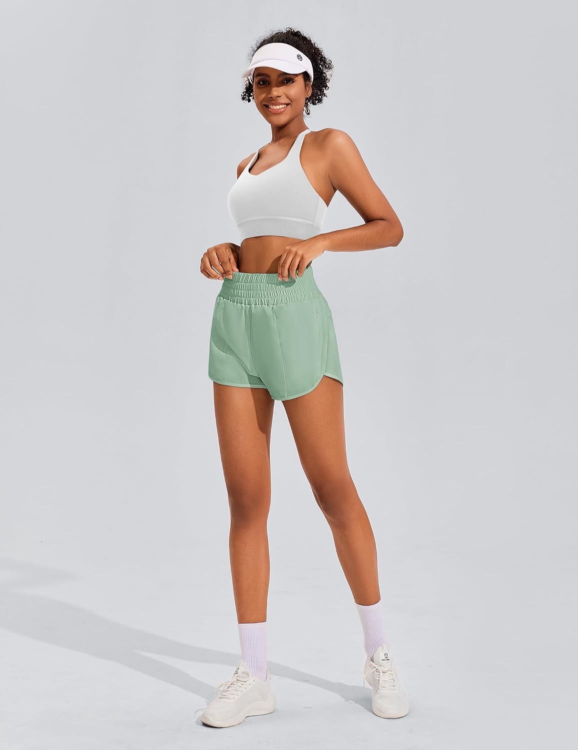image:imagePINSPARK Women 3 High Waisted Running Shorts Athletic Workout Short Quick Dry Mesh Liner Dolphin Shorts with 2 Zip PocketsGreen Mist