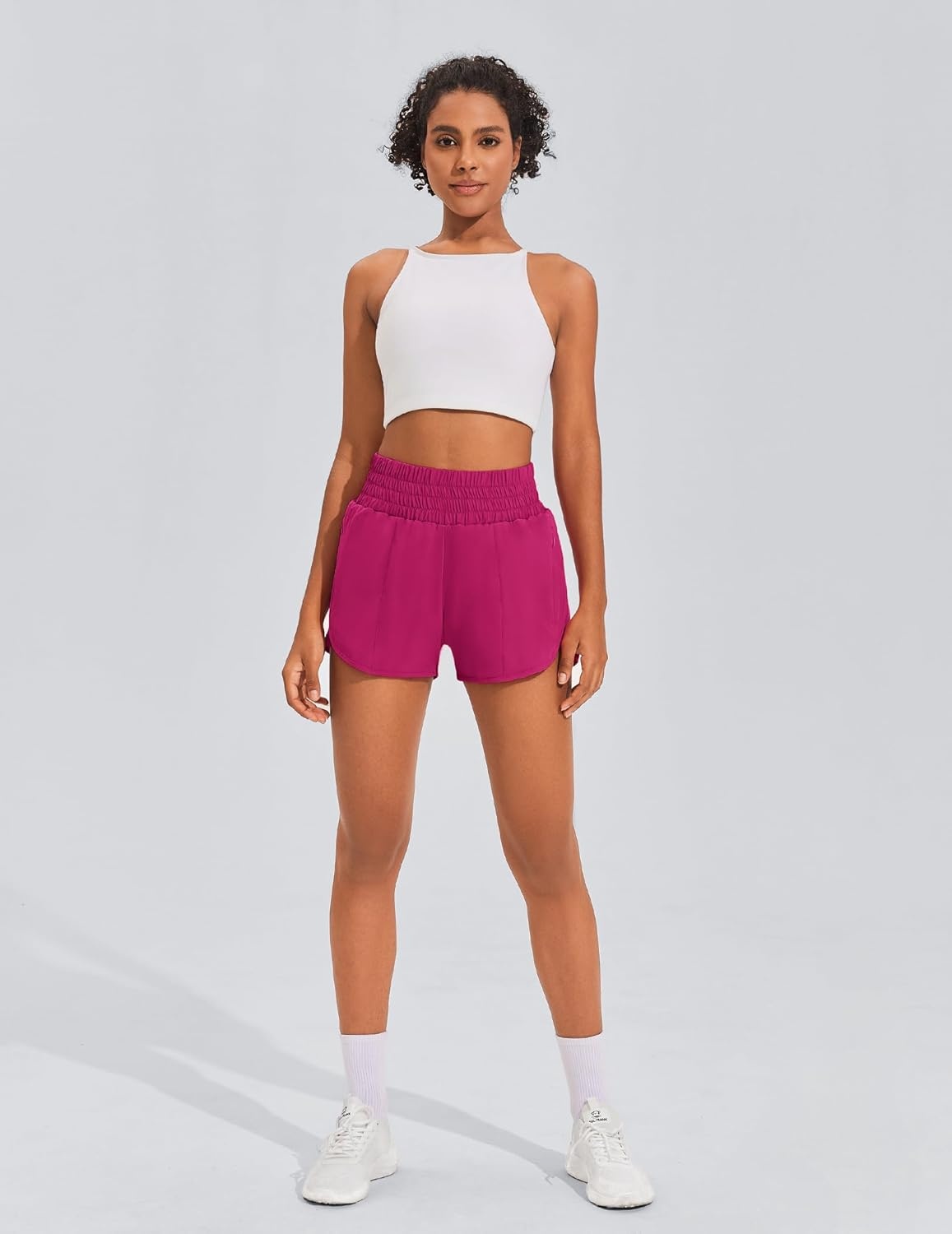 image:imagePINSPARK Women 3 High Waisted Running Shorts Athletic Workout Short Quick Dry Mesh Liner Dolphin Shorts with 2 Zip PocketsHot Pink