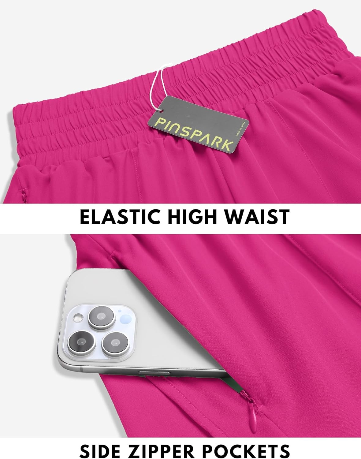 image:imagePINSPARK Women 3 High Waisted Running Shorts Athletic Workout Short Quick Dry Mesh Liner Dolphin Shorts with 2 Zip PocketsHot Pink