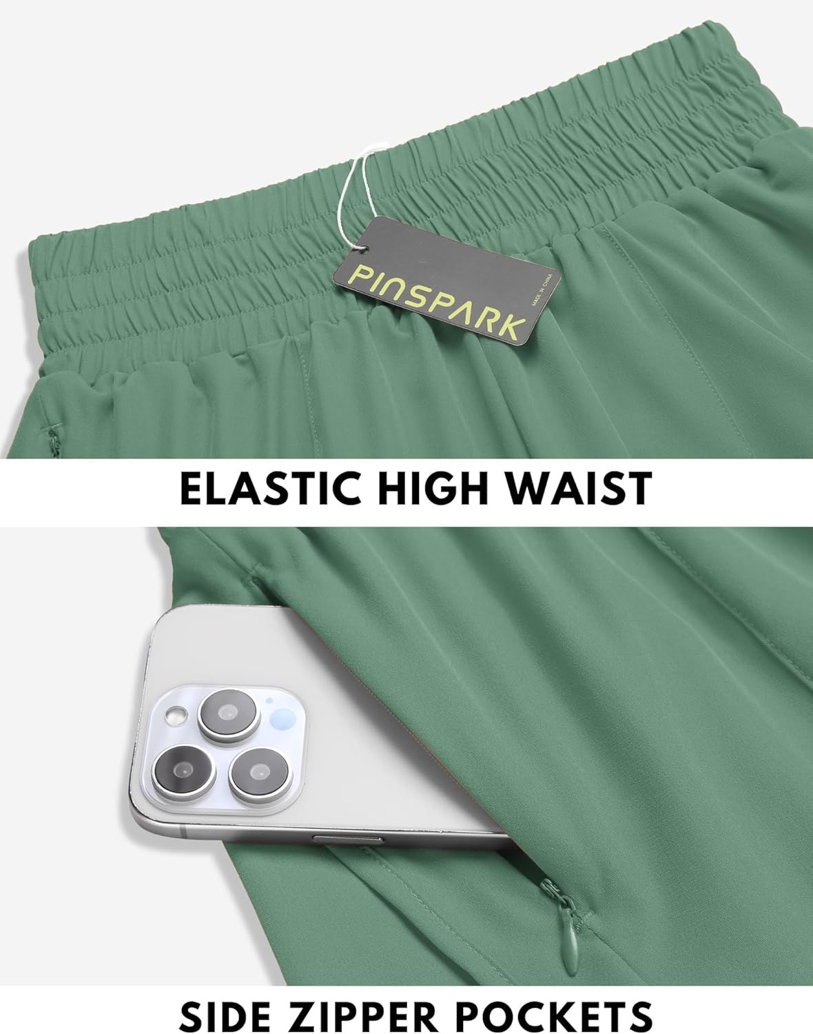 image:imagePINSPARK Women 3 High Waisted Running Shorts Athletic Workout Short Quick Dry Mesh Liner Dolphin Shorts with 2 Zip PocketsMedium Forest
