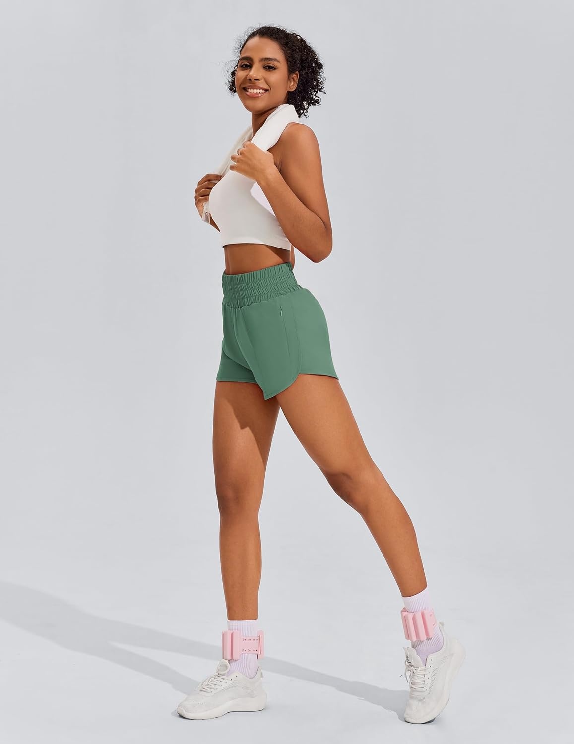 image:imagePINSPARK Women 3 High Waisted Running Shorts Athletic Workout Short Quick Dry Mesh Liner Dolphin Shorts with 2 Zip PocketsMedium Forest