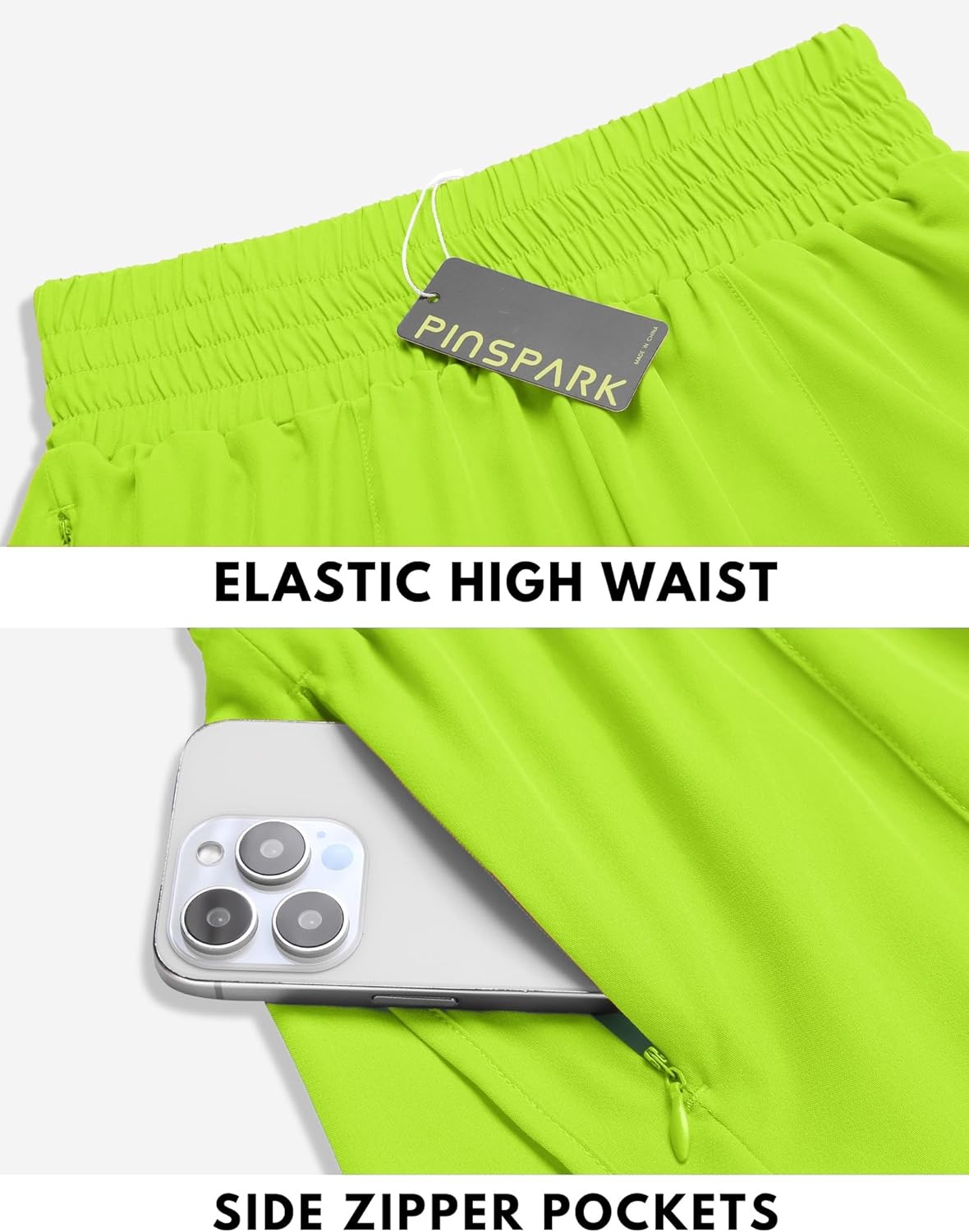 image:imagePINSPARK Women 3 High Waisted Running Shorts Athletic Workout Short Quick Dry Mesh Liner Dolphin Shorts with 2 Zip PocketsNeon Green