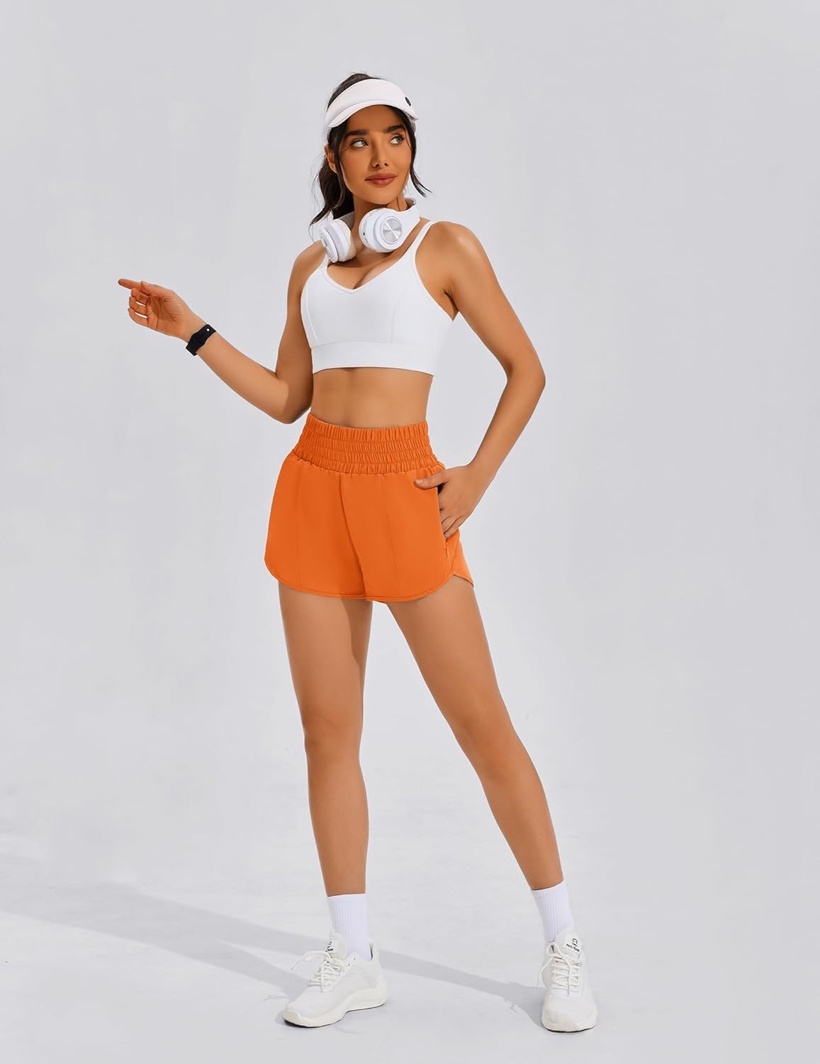 image:imagePINSPARK Women 3 High Waisted Running Shorts Athletic Workout Short Quick Dry Mesh Liner Dolphin Shorts with 2 Zip PocketsNeon Orange