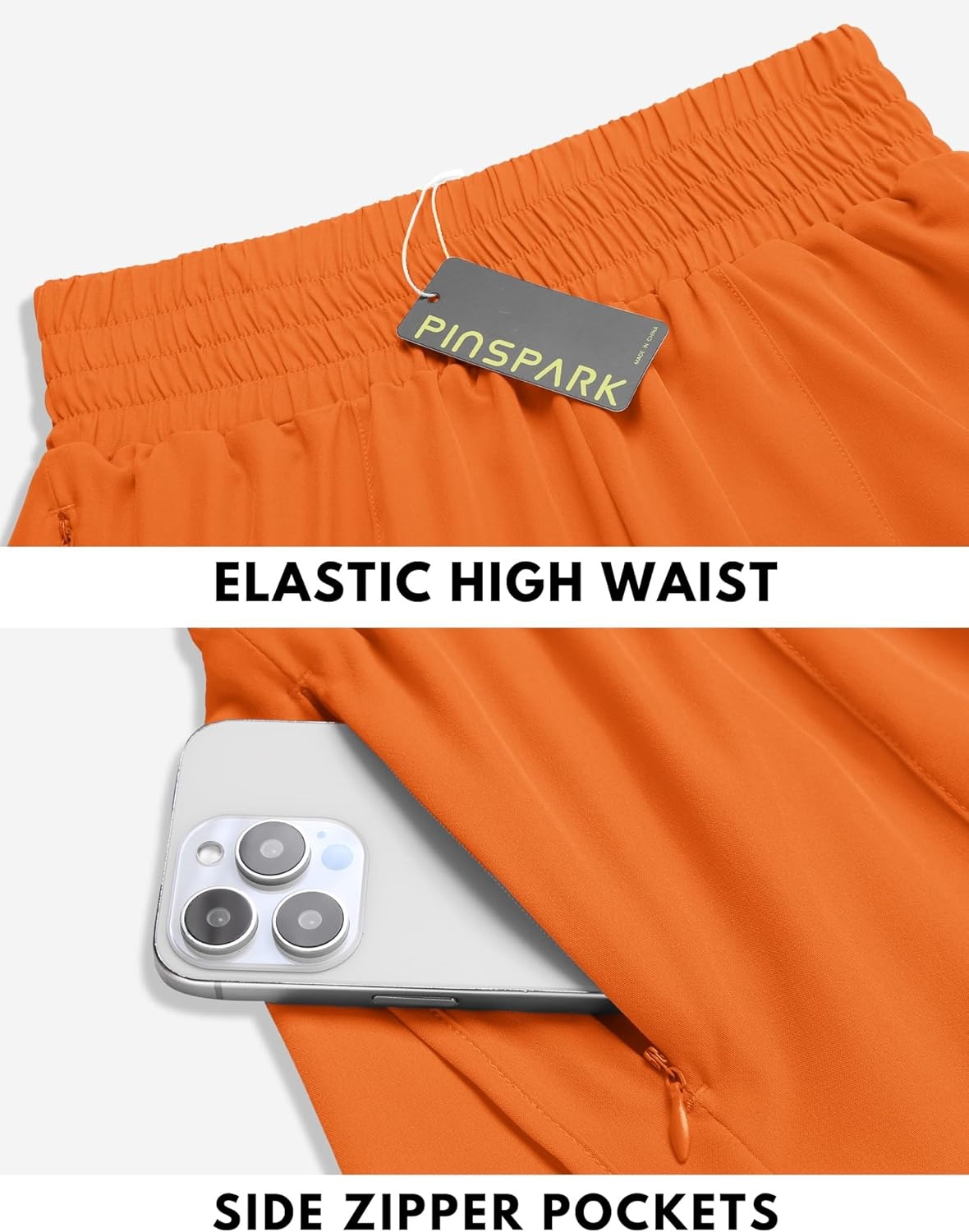 image:imagePINSPARK Women 3 High Waisted Running Shorts Athletic Workout Short Quick Dry Mesh Liner Dolphin Shorts with 2 Zip PocketsNeon Orange