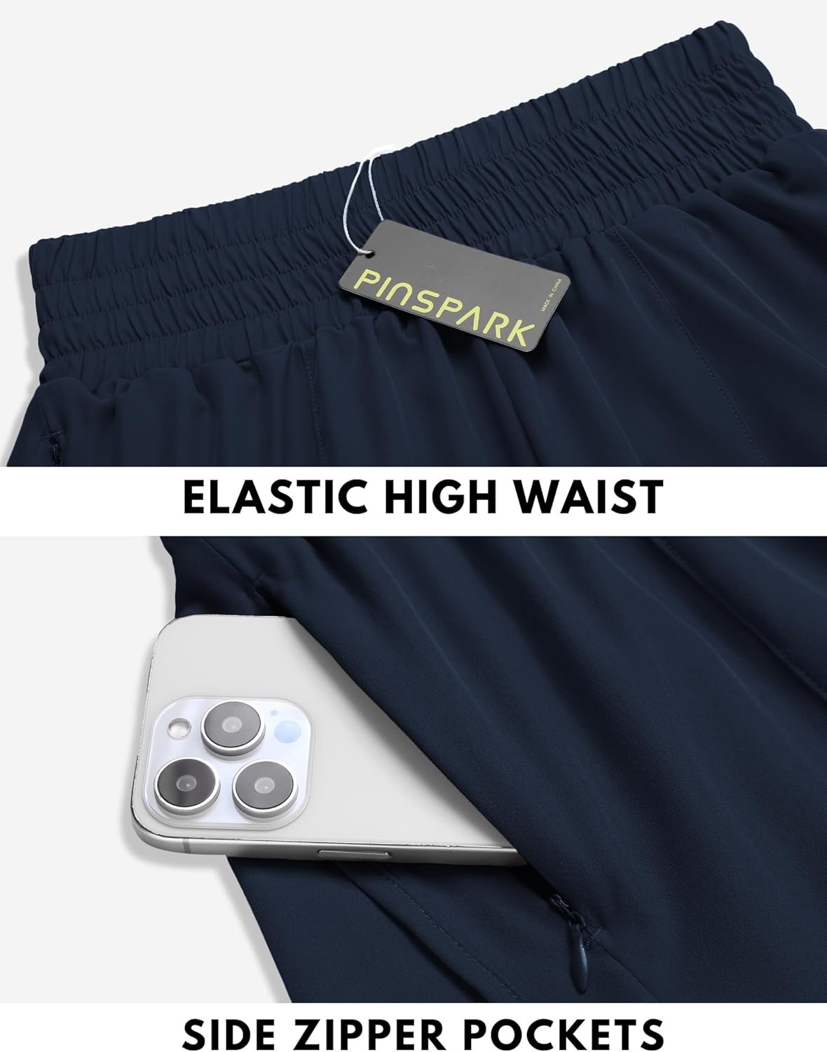 image:imagePINSPARK Women 3 High Waisted Running Shorts Athletic Workout Short Quick Dry Mesh Liner Dolphin Shorts with 2 Zip PocketsTrue Navy