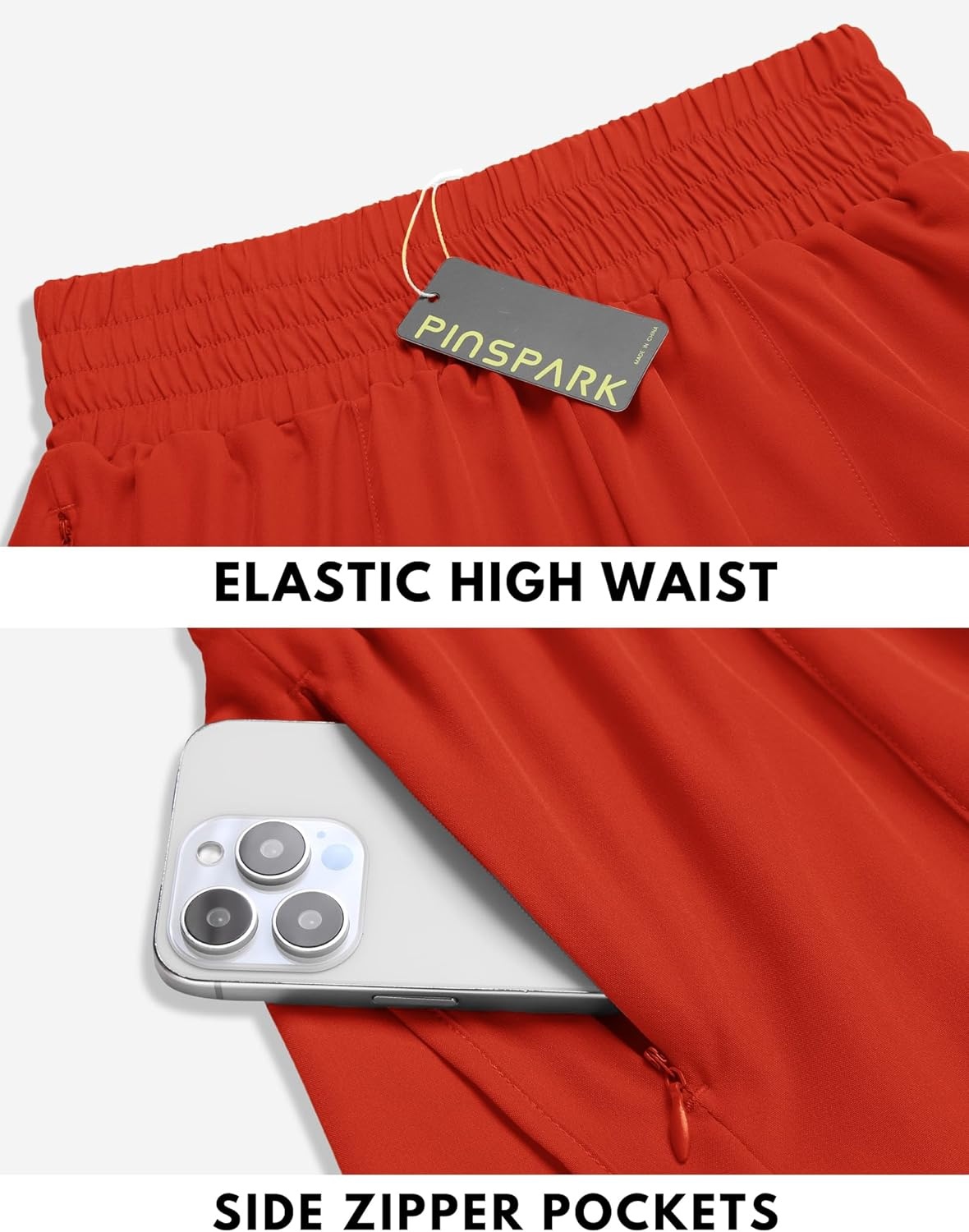 image:imagePINSPARK Women 3 High Waisted Running Shorts Athletic Workout Short Quick Dry Mesh Liner Dolphin Shorts with 2 Zip PocketsTrue Red