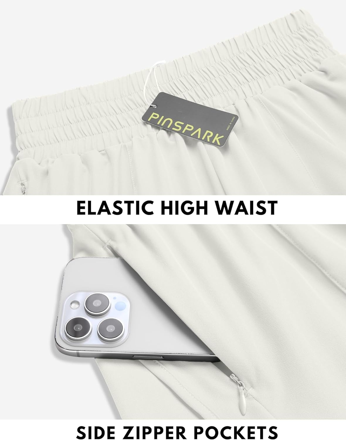 image:imagePINSPARK Women 3 High Waisted Running Shorts Athletic Workout Short Quick Dry Mesh Liner Dolphin Shorts with 2 Zip PocketsWhite