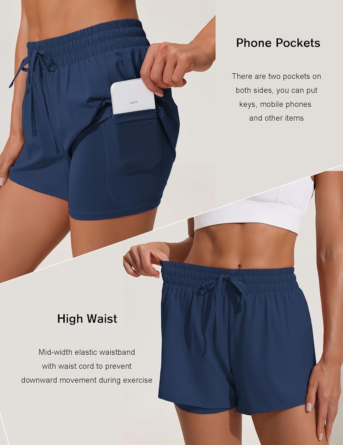 image:imagePINSPARK Womens 2 in 1 Running Shorts with Liner Pockets Quick Dry Athletic Workout Gym ShortsNavy