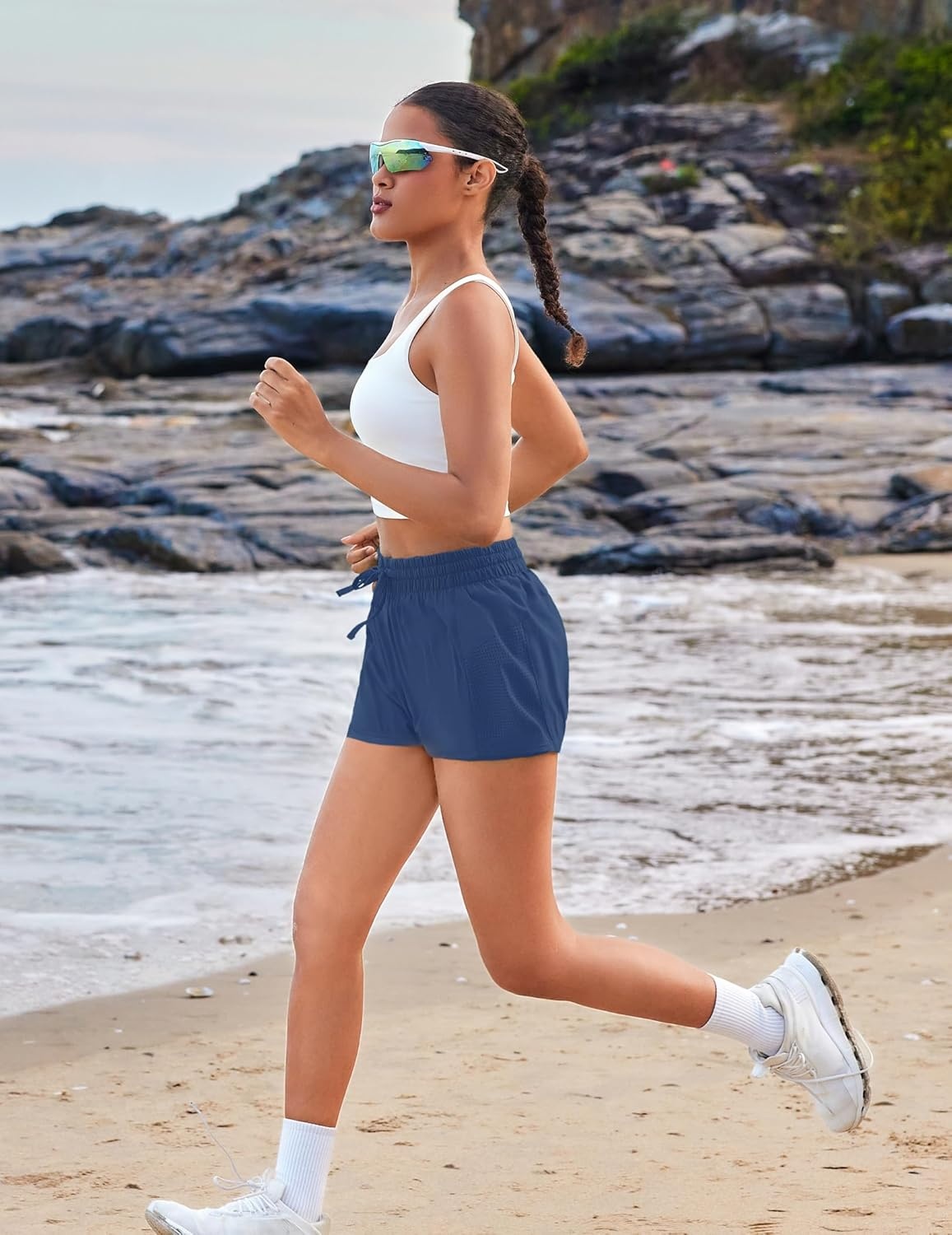 image:imagePINSPARK Womens 2 in 1 Running Shorts with Liner Pockets Quick Dry Athletic Workout Gym ShortsNavy