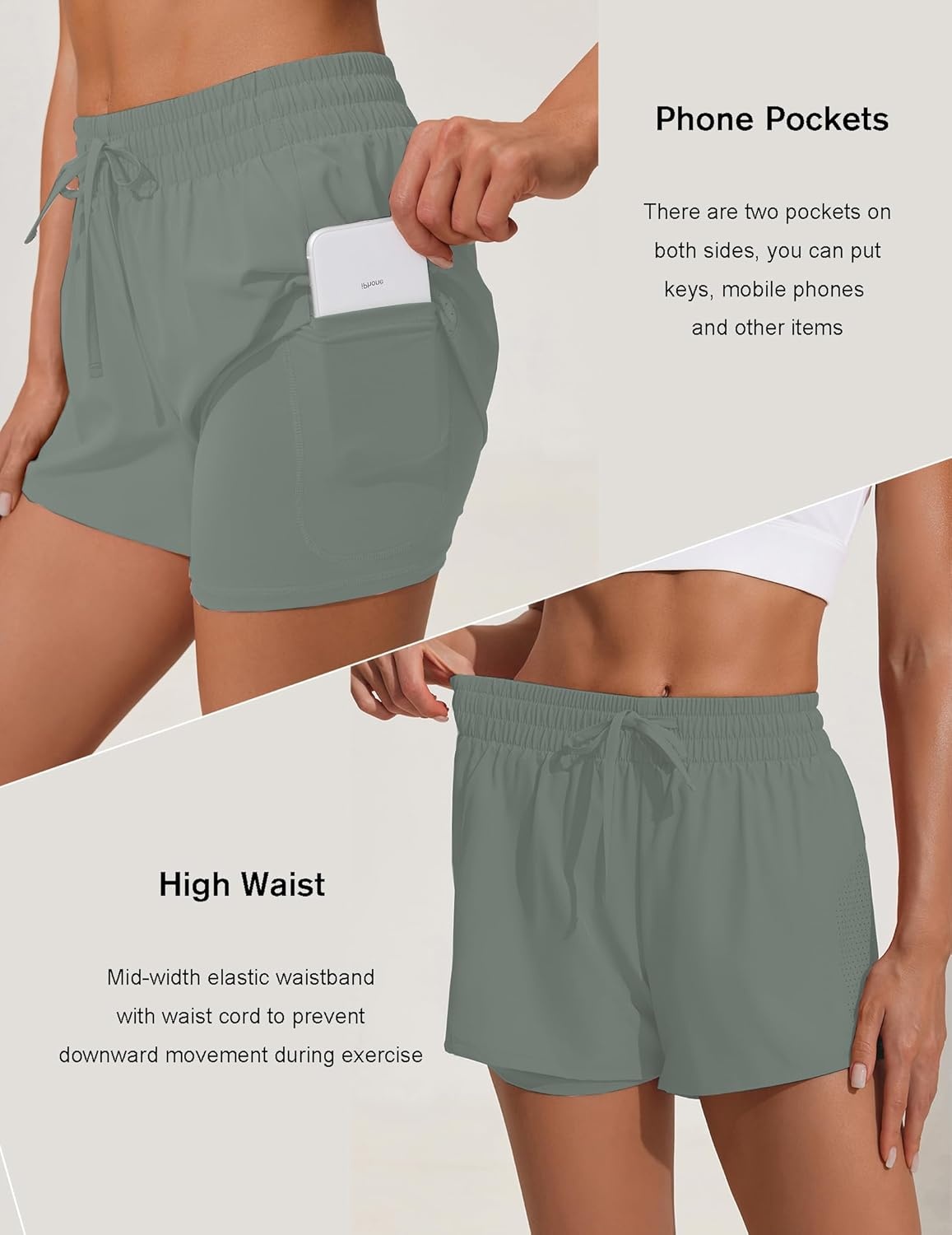 image:imagePINSPARK Womens 2 in 1 Running Shorts with Liner Pockets Quick Dry Athletic Workout Gym ShortsSage Grey