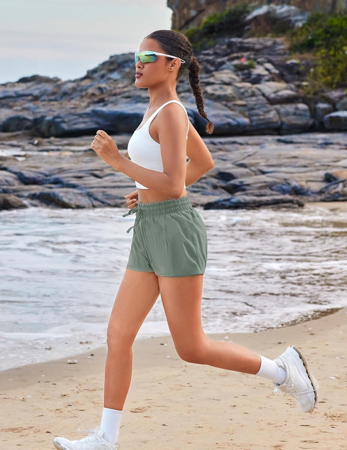 image:imagePINSPARK Womens 2 in 1 Running Shorts with Liner Pockets Quick Dry Athletic Workout Gym ShortsSage Grey