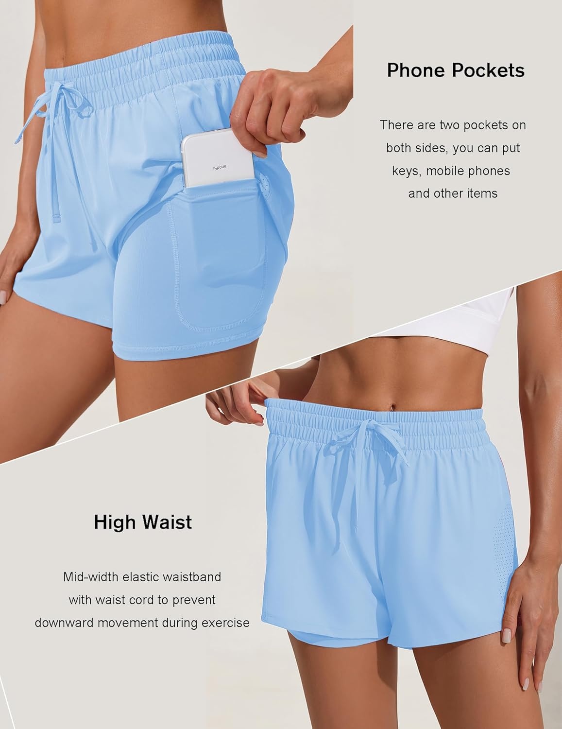 image:imagePINSPARK Womens 2 in 1 Running Shorts with Liner Pockets Quick Dry Athletic Workout Gym ShortsSky Blue