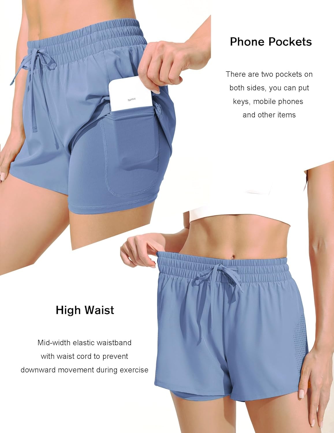 image:imagePINSPARK Womens 2 in 1 Running Shorts with Liner Pockets Quick Dry Athletic Workout Gym ShortsStelindigo