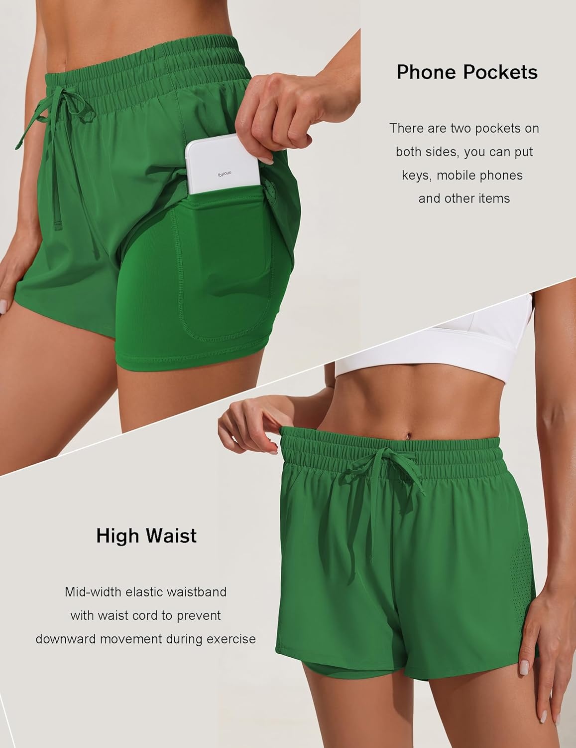 image:imagePINSPARK Womens 2 in 1 Running Shorts with Liner Pockets Quick Dry Athletic Workout Gym ShortsVintage Green
