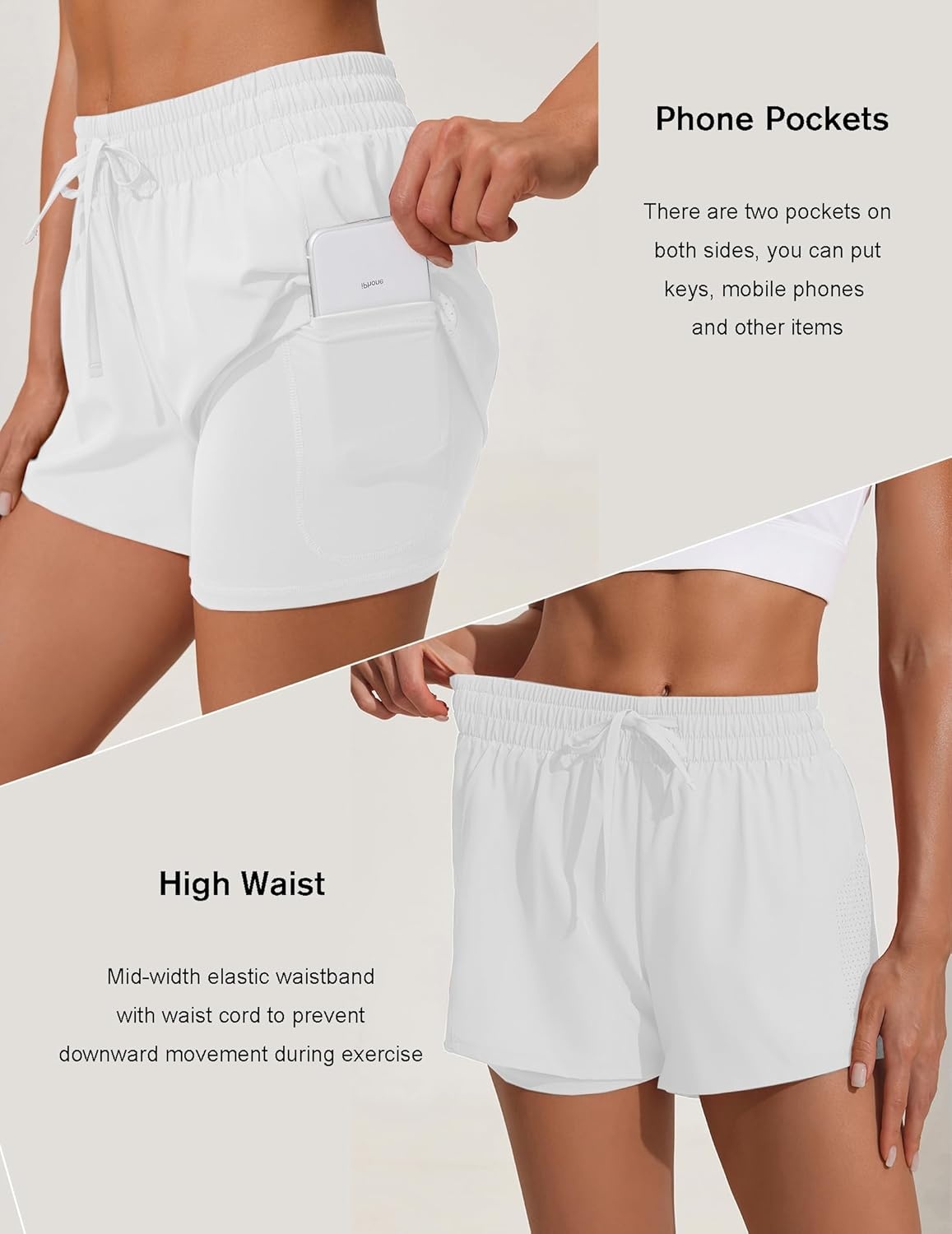 image:imagePINSPARK Womens 2 in 1 Running Shorts with Liner Pockets Quick Dry Athletic Workout Gym ShortsWhite
