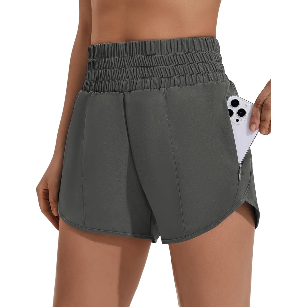 image:imagePINSPARK Women 3 High Waisted Running Shorts Athletic Workout Short Quick Dry Mesh Liner Dolphin Shorts with 2 Zip PocketsDark Gray