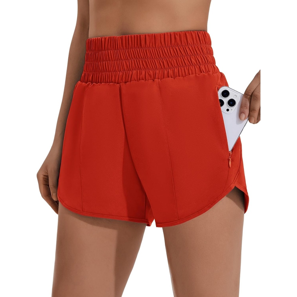 image:imagePINSPARK Women 3 High Waisted Running Shorts Athletic Workout Short Quick Dry Mesh Liner Dolphin Shorts with 2 Zip PocketsTrue Red