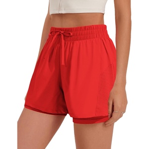 image:imagePINSPARK Womens 2 in 1 Running Shorts with Liner Pockets Quick Dry Athletic Workout Gym ShortsTure Red
