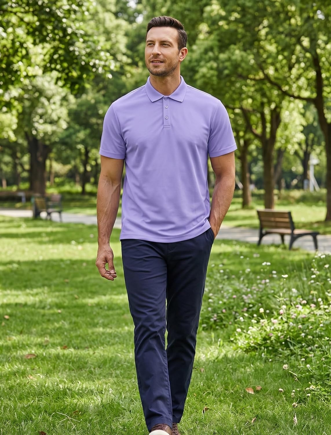 image:imagePINSPARK Mens Polo Shirts Short Sleeve Lightweight Moisture Wicking Quick Dry Casual Workout Collared Shirt Plain 3 Pack SetLilac Purple