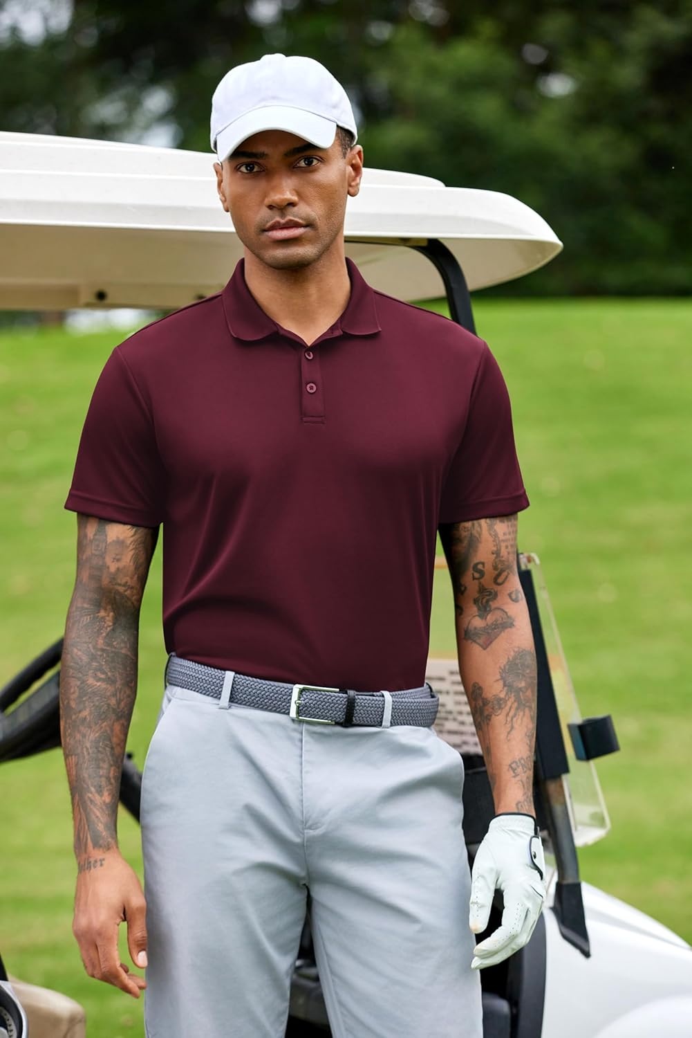image:imagePINSPARK Mens Polo Shirts Short Sleeve Lightweight Moisture Wicking Quick Dry Casual Workout Collared Shirt Plain 3 Pack SetWhiteLight BlueBurgundy3 Pack