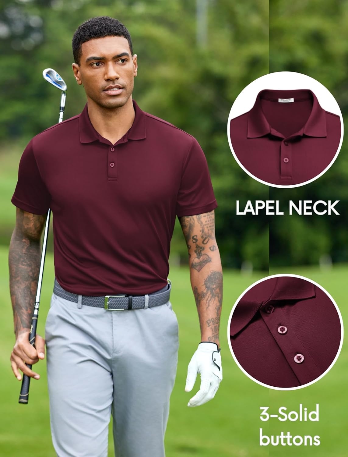 image:imagePINSPARK Mens Polo Shirts Short Sleeve Lightweight Moisture Wicking Quick Dry Casual Workout Collared Shirt Plain 3 Pack SetWhiteLight BlueBurgundy3 Pack