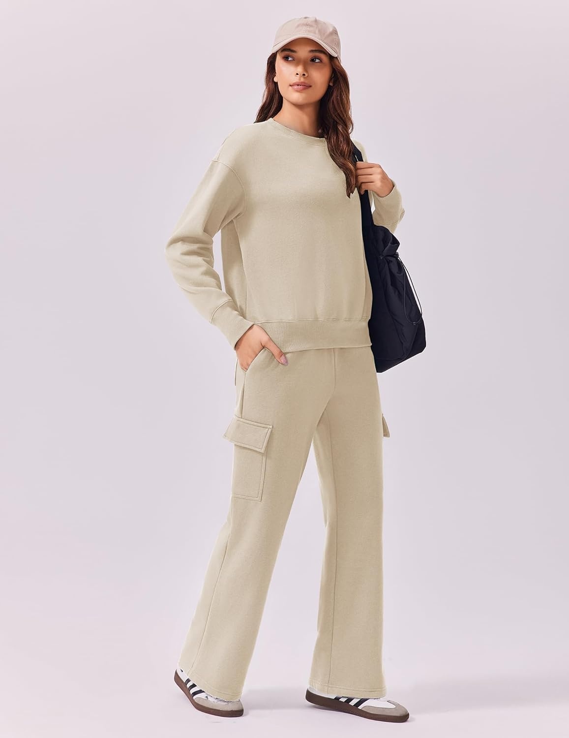 image:imagePINSPARK Two Piece Sets for Women Sweatsuit Drawstring Cargo Jogger Sets with 4 Pockets 2025 Airport Outfits Fall TracksuitBeige
