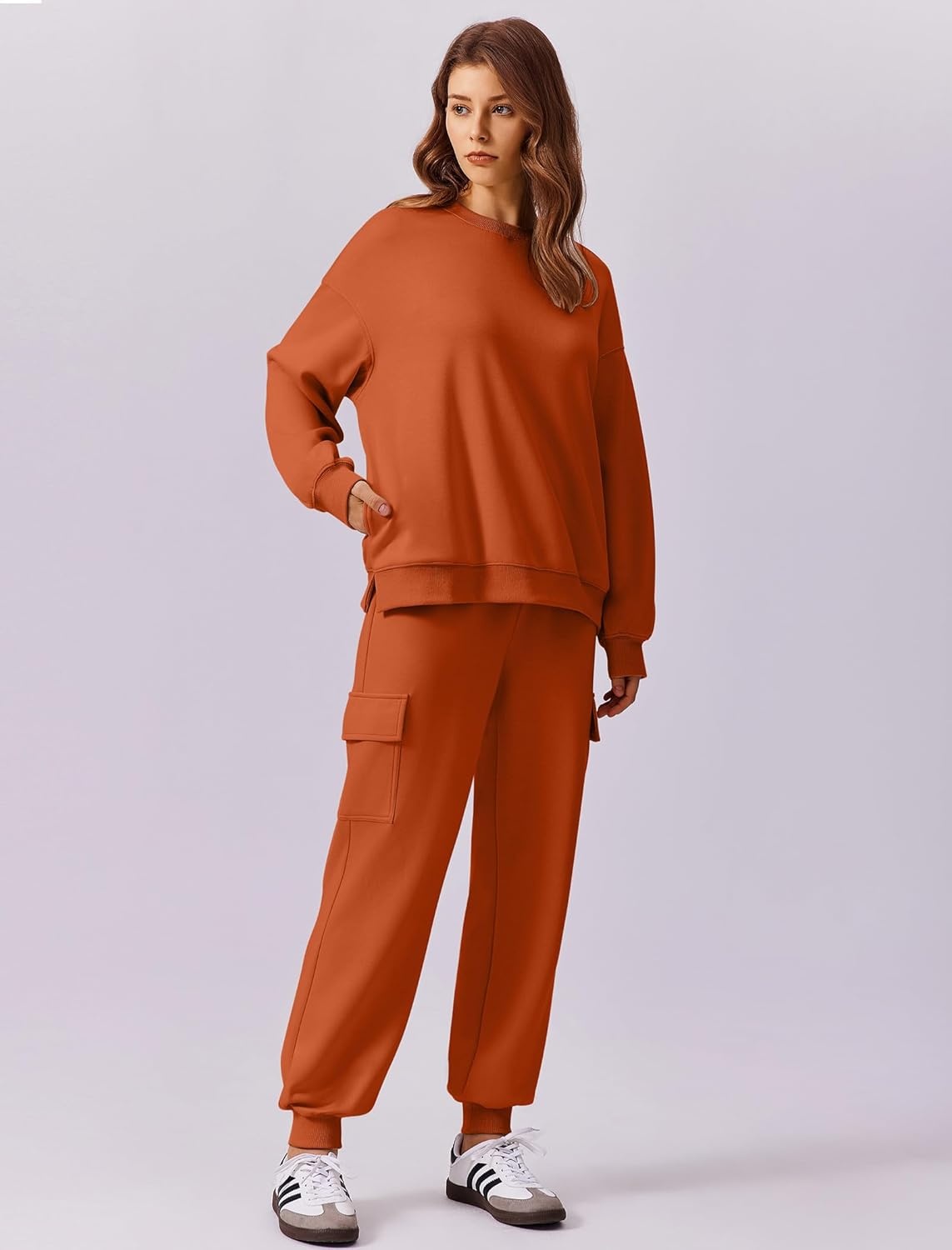image:imagePINSPARK Two Piece Sets for Women Sweatsuit Drawstring Cargo Jogger Sets with 4 Pockets 2025 Airport Outfits Fall TracksuitOrange