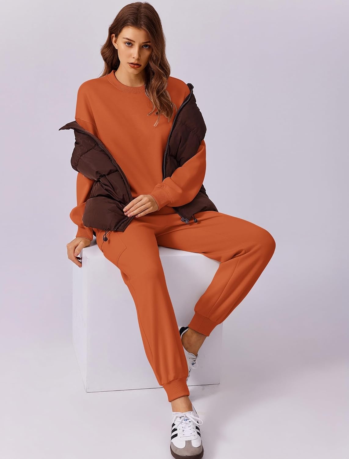 image:imagePINSPARK Two Piece Sets for Women Sweatsuit Drawstring Cargo Jogger Sets with 4 Pockets 2025 Airport Outfits Fall TracksuitOrange