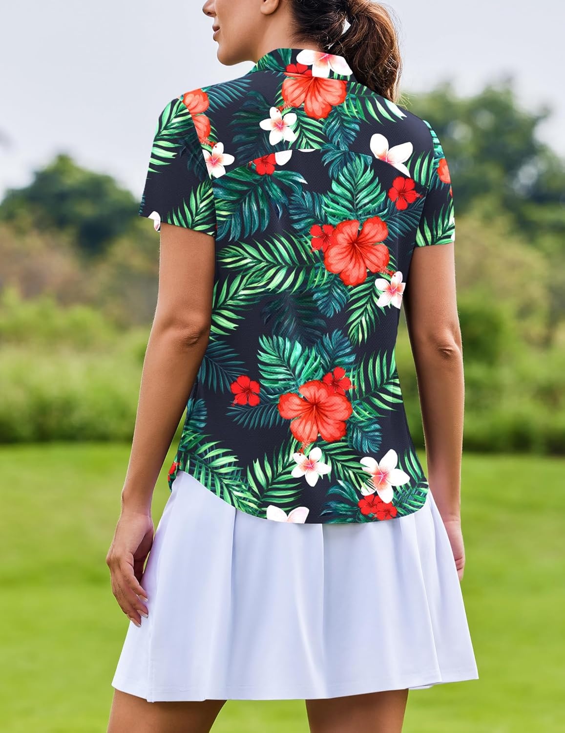 image:imagePINSPARK Womens Golf Shirt Short Sleeve UPF 50 Tennis Polo Shirts 14 Zip Up Collared Quick Dry Athletic Pickleball ShirtHawaiian Flowers
