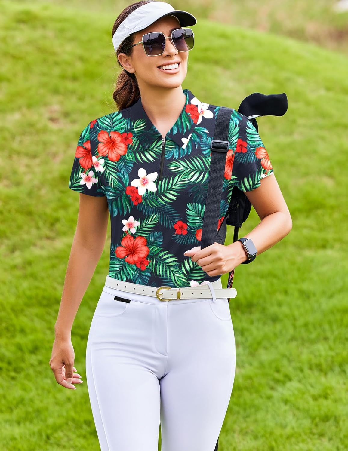 image:imagePINSPARK Womens Golf Shirt Short Sleeve UPF 50 Tennis Polo Shirts 14 Zip Up Collared Quick Dry Athletic Pickleball ShirtHawaiian Flowers
