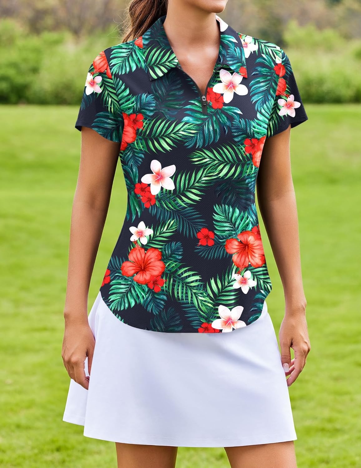 image:imagePINSPARK Womens Golf Shirt Short Sleeve UPF 50 Tennis Polo Shirts 14 Zip Up Collared Quick Dry Athletic Pickleball ShirtHawaiian Flowers