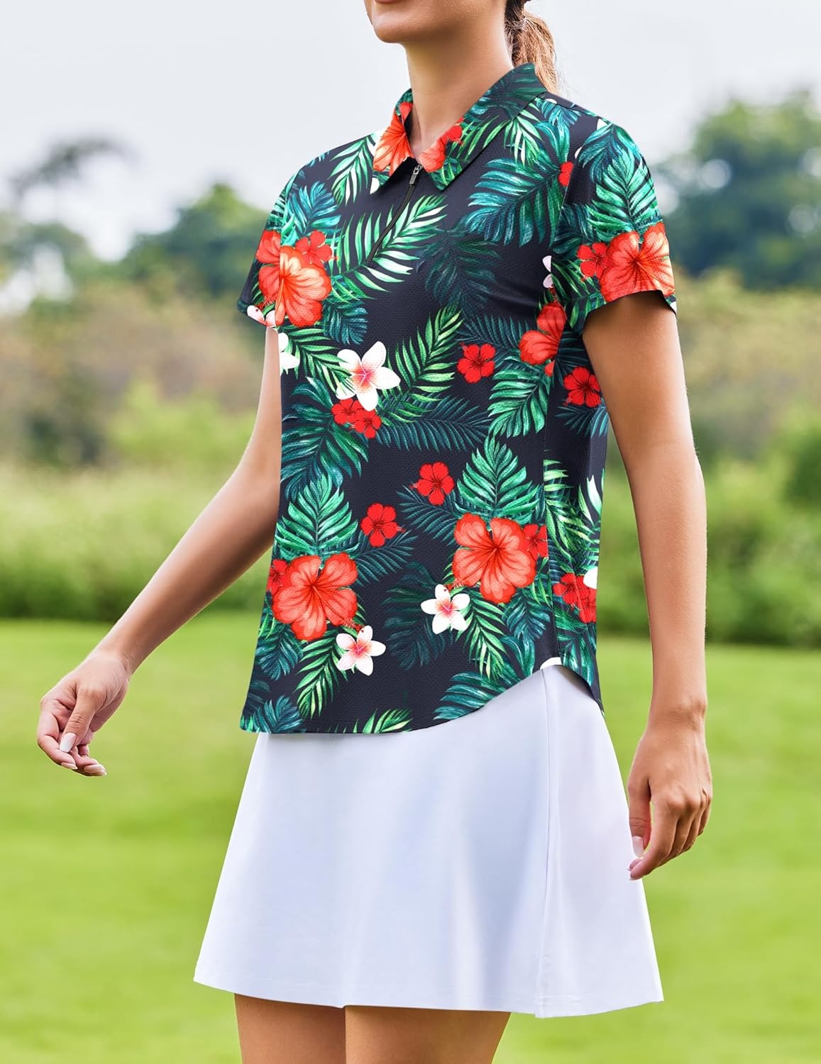 image:imagePINSPARK Womens Golf Shirt Short Sleeve UPF 50 Tennis Polo Shirts 14 Zip Up Collared Quick Dry Athletic Pickleball ShirtHawaiian Flowers