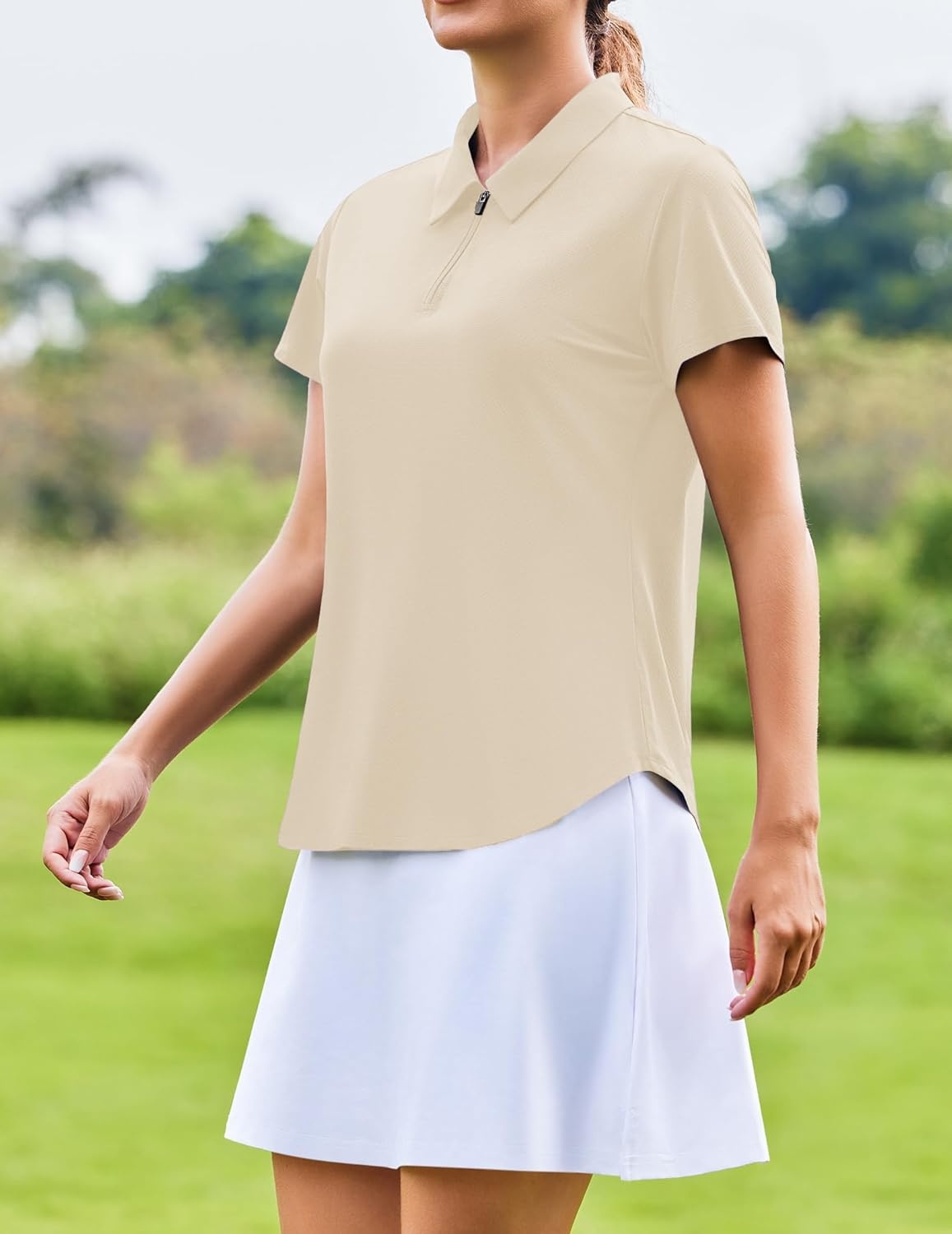image:imagePINSPARK Womens Golf Shirt Short Sleeve UPF 50 Tennis Polo Shirts 14 Zip Up Collared Quick Dry Athletic Pickleball ShirtKhaki