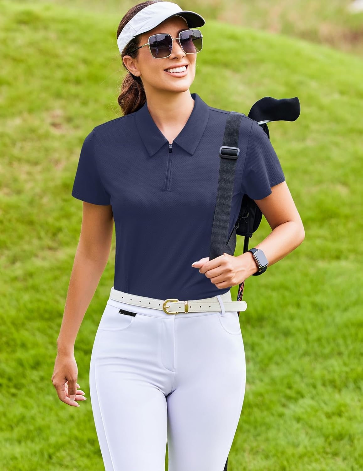 image:imagePINSPARK Womens Golf Shirt Short Sleeve UPF 50 Tennis Polo Shirts 14 Zip Up Collared Quick Dry Athletic Pickleball ShirtNavy