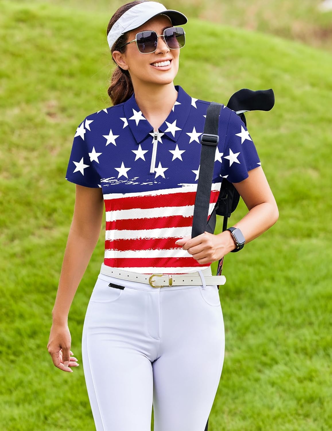 image:imagePINSPARK Womens Golf Shirt Short Sleeve UPF 50 Tennis Polo Shirts 14 Zip Up Collared Quick Dry Athletic Pickleball ShirtUsa Flag