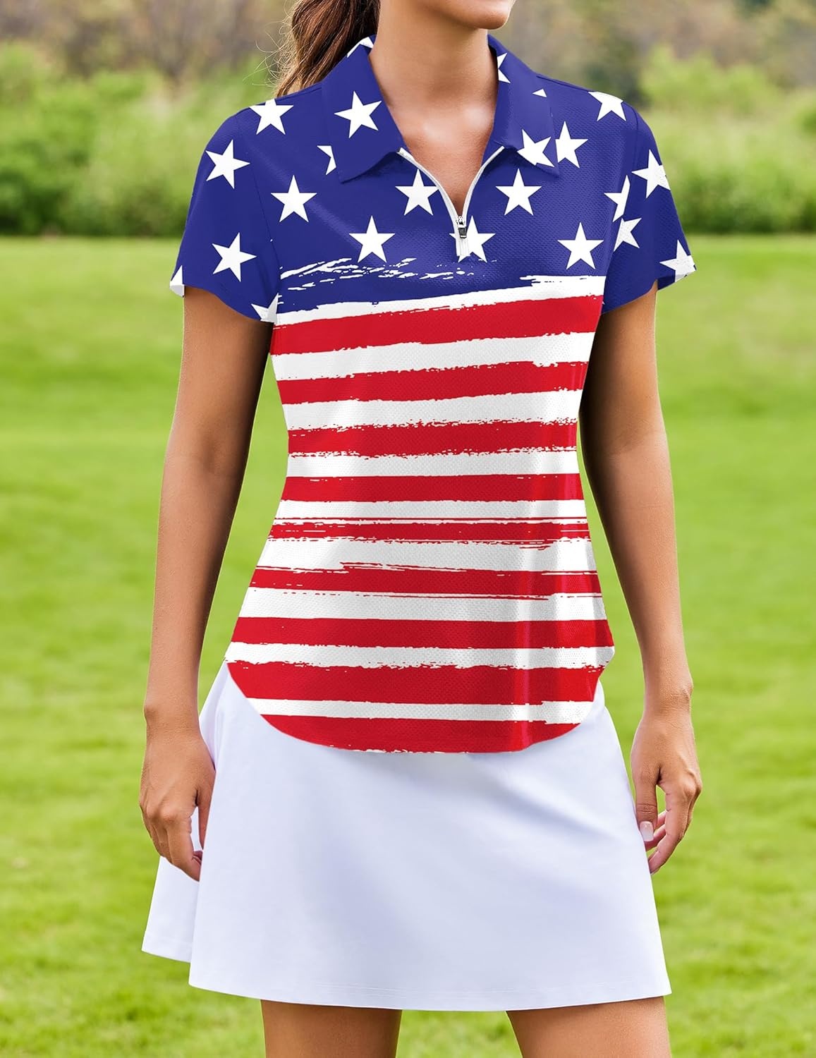 image:imagePINSPARK Womens Golf Shirt Short Sleeve UPF 50 Tennis Polo Shirts 14 Zip Up Collared Quick Dry Athletic Pickleball ShirtUsa Flag