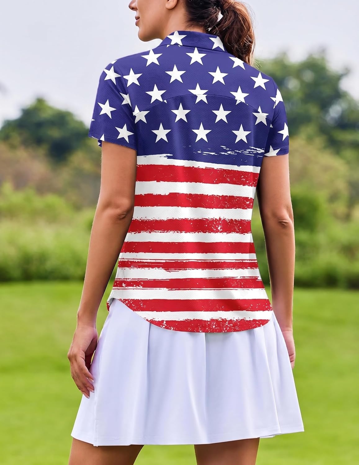 image:imagePINSPARK Womens Golf Shirt Short Sleeve UPF 50 Tennis Polo Shirts 14 Zip Up Collared Quick Dry Athletic Pickleball ShirtUsa Flag