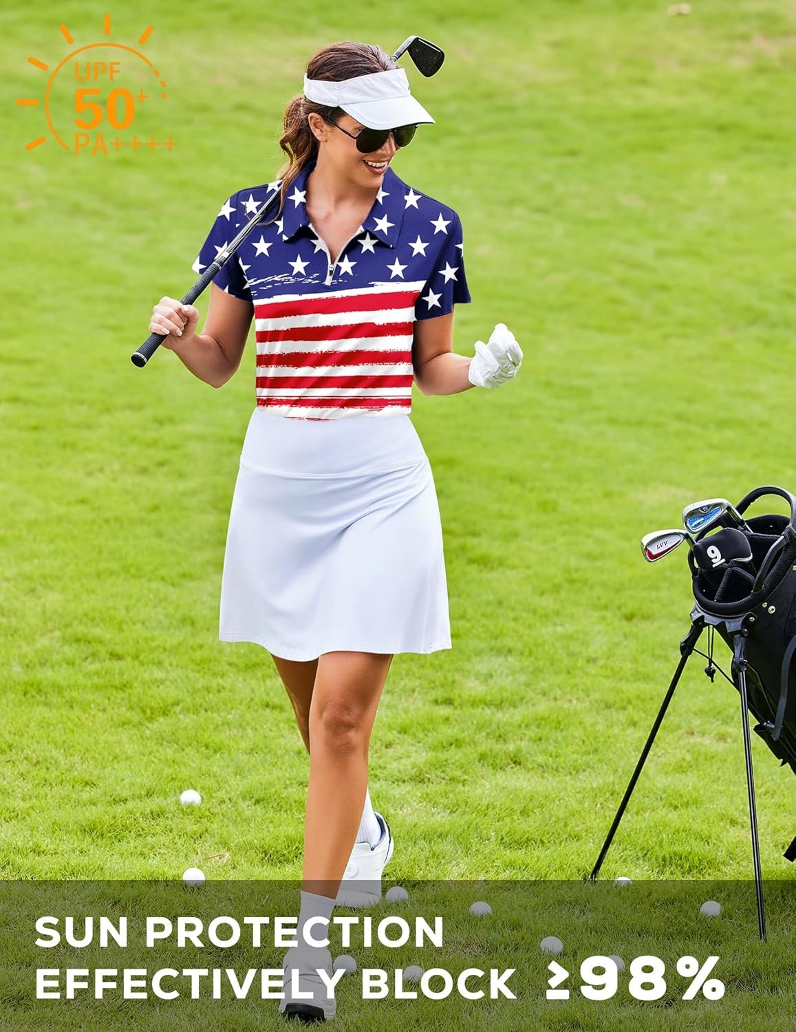 image:imagePINSPARK Womens Golf Shirt Short Sleeve UPF 50 Tennis Polo Shirts 14 Zip Up Collared Quick Dry Athletic Pickleball ShirtUsa Flag