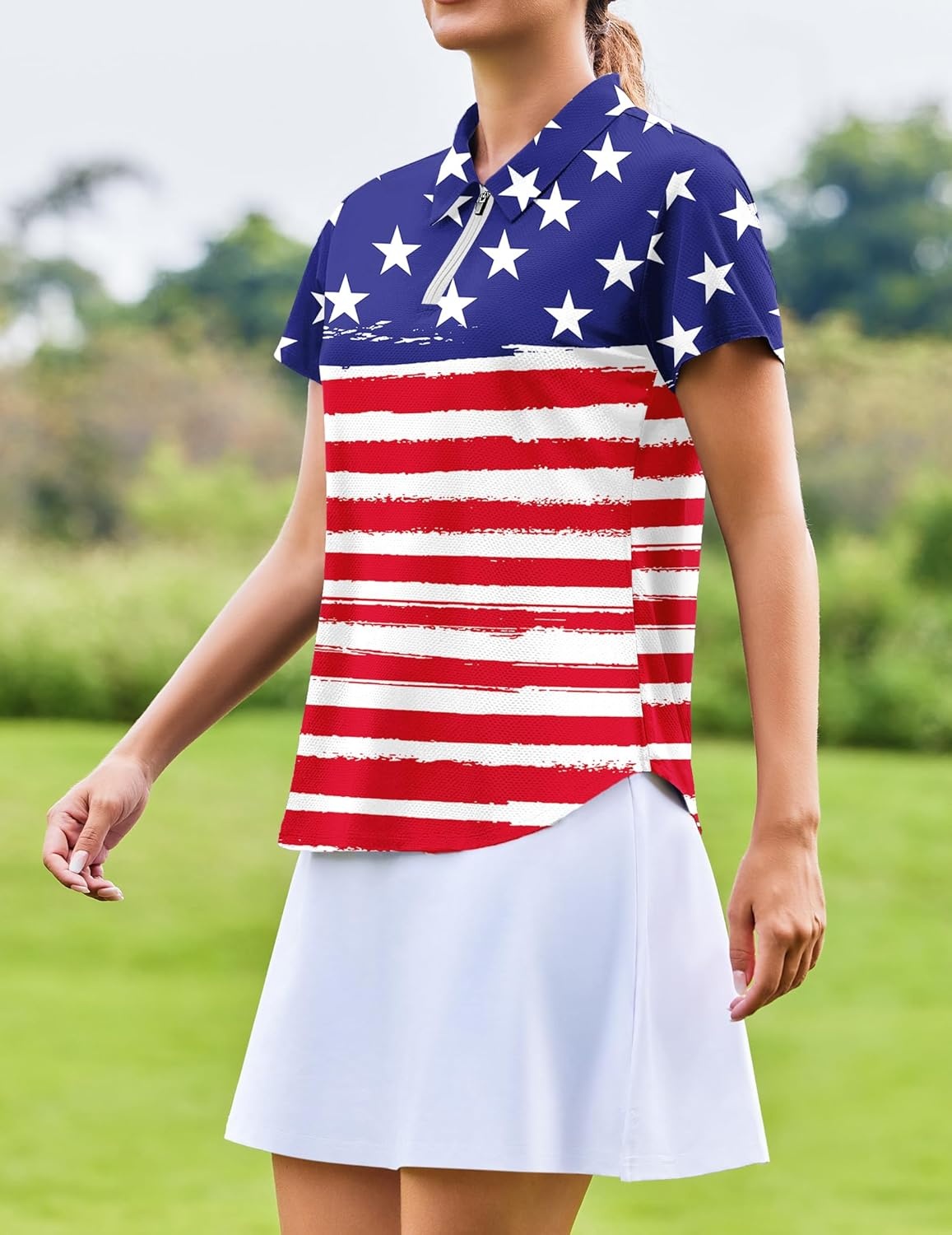image:imagePINSPARK Womens Golf Shirt Short Sleeve UPF 50 Tennis Polo Shirts 14 Zip Up Collared Quick Dry Athletic Pickleball ShirtUsa Flag