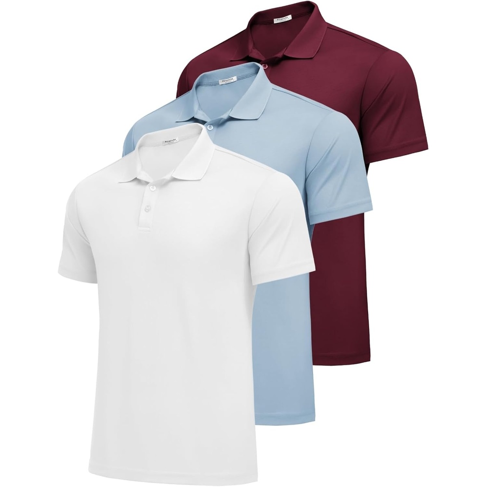 image:imagePINSPARK Mens Polo Shirts Short Sleeve Lightweight Moisture Wicking Quick Dry Casual Workout Collared Shirt Plain 3 Pack SetWhiteLight BlueBurgundy3 Pack