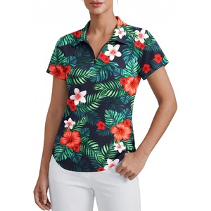 image:imagePINSPARK Womens Golf Shirt Short Sleeve UPF 50 Tennis Polo Shirts 14 Zip Up Collared Quick Dry Athletic Pickleball ShirtHawaiian Flowers