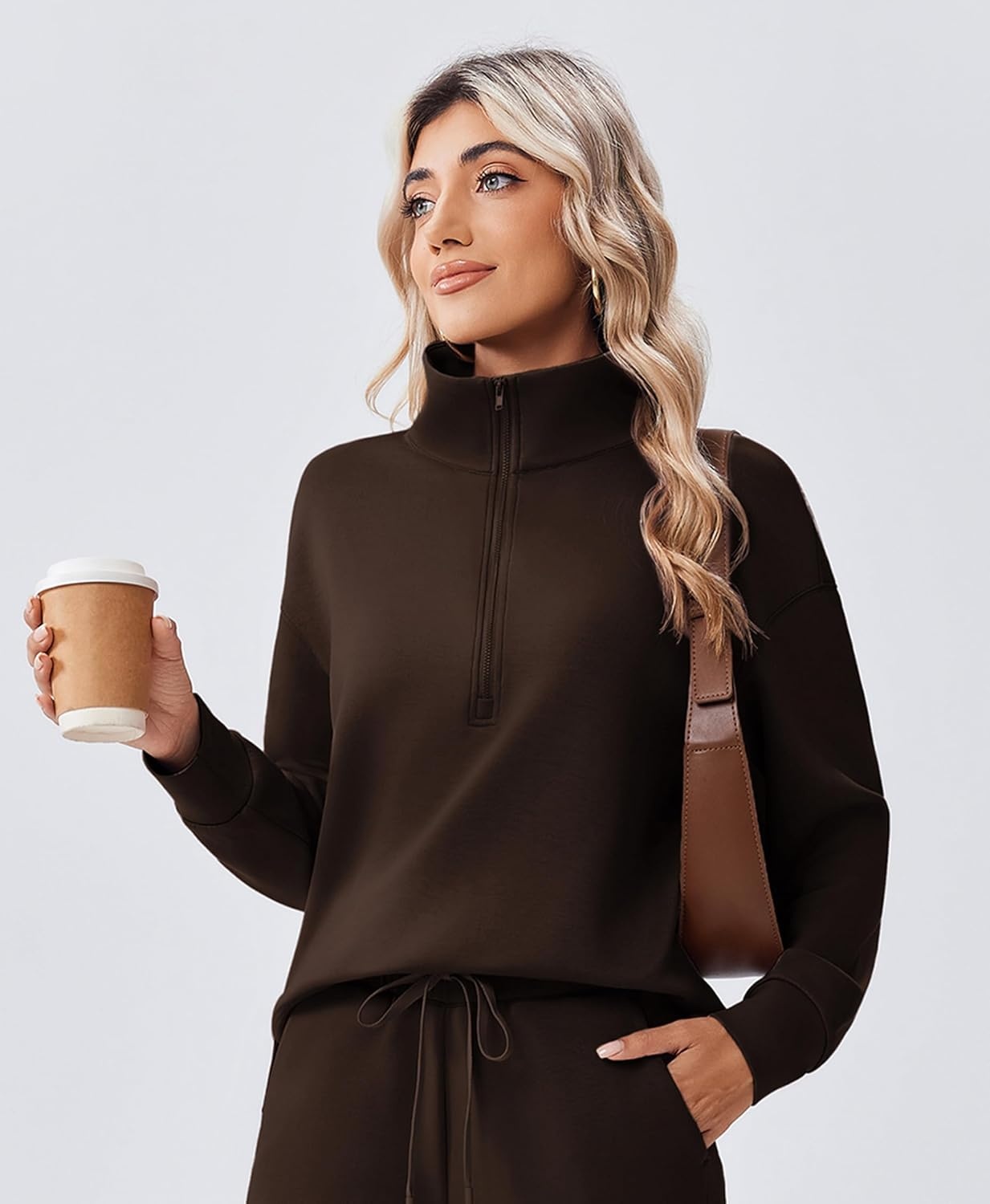image:imagePINSPARK 2 Piece Sets for Women 12 Zip Sweatsuit Loose Fit Sweatshirt Straight Leg Pants 2025 Matching Outfit Fall TracksuitEspresso Brown