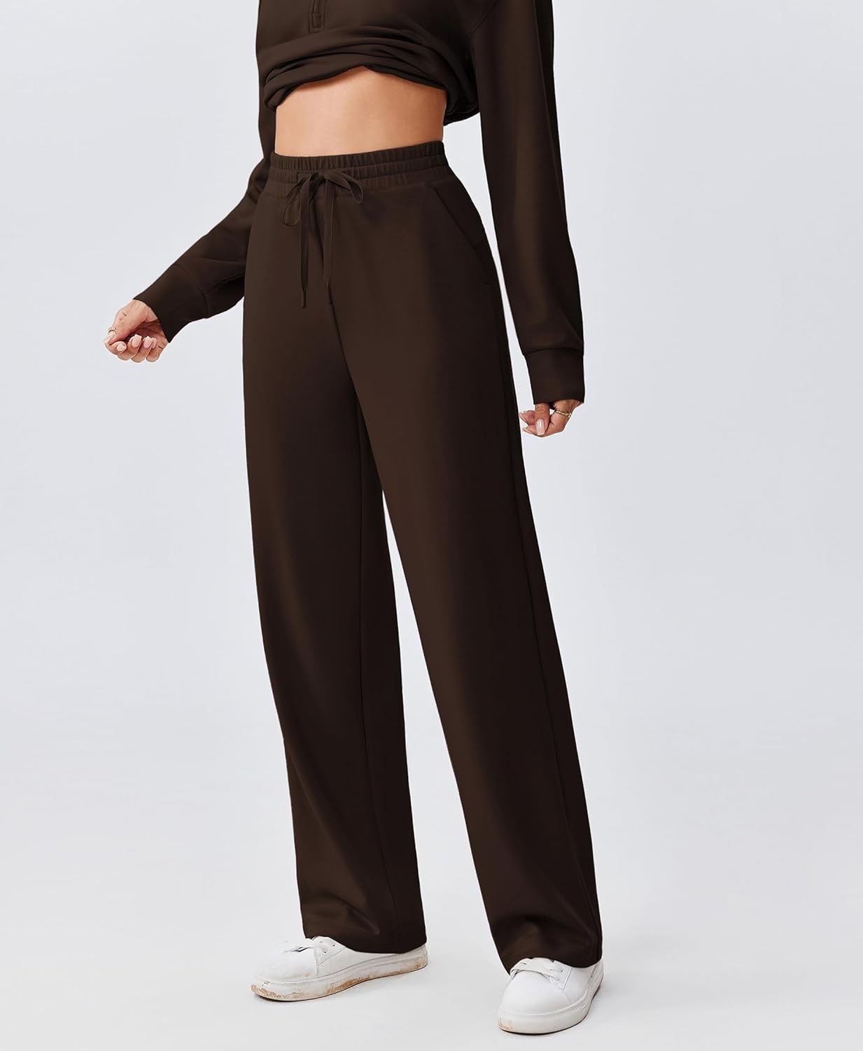 image:imagePINSPARK 2 Piece Sets for Women 12 Zip Sweatsuit Loose Fit Sweatshirt Straight Leg Pants 2025 Matching Outfit Fall TracksuitEspresso Brown