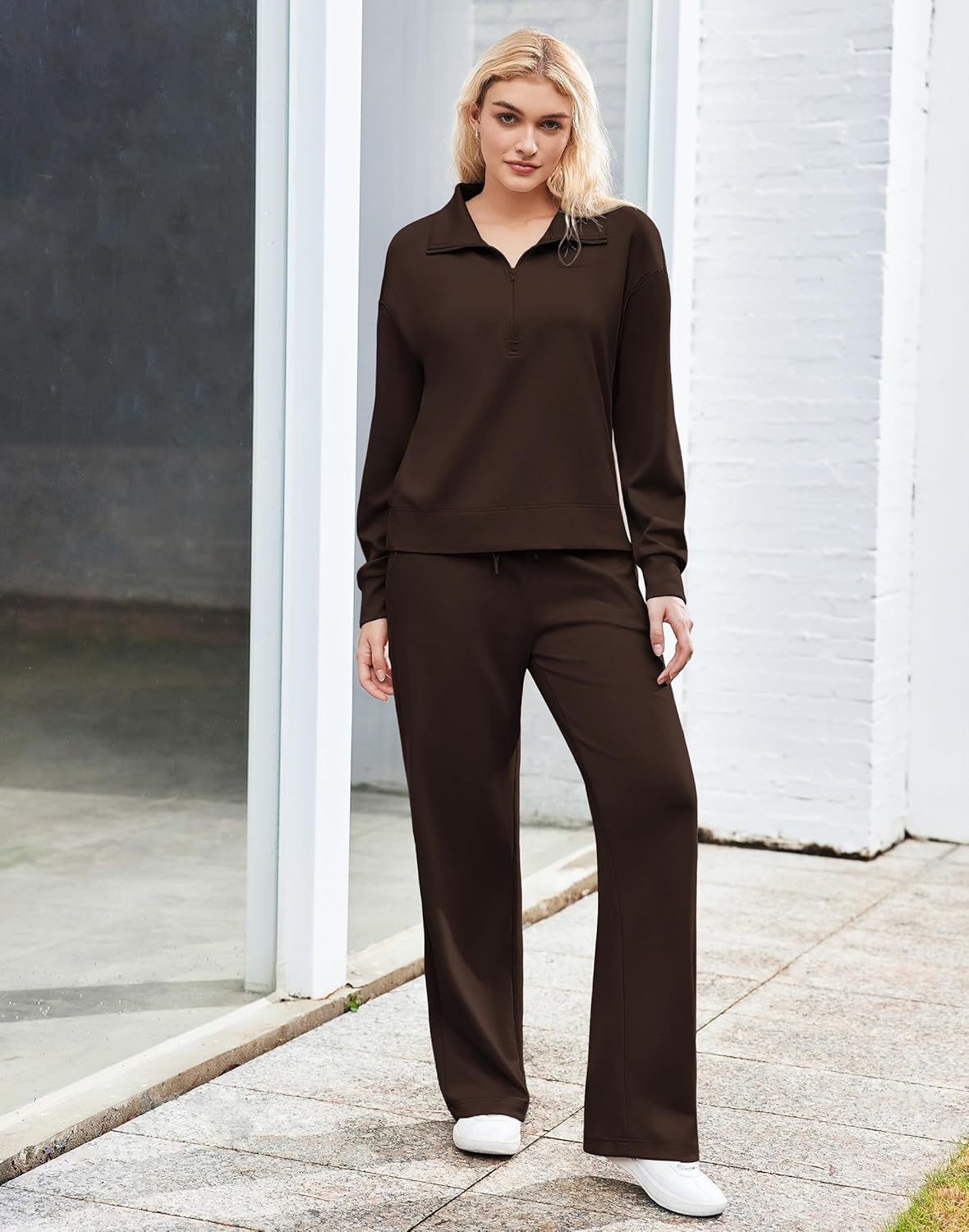image:imagePINSPARK 2 Piece Sets for Women 12 Zip Sweatsuit Loose Fit Sweatshirt Straight Leg Pants 2025 Matching Outfit Fall TracksuitEspresso Brown
