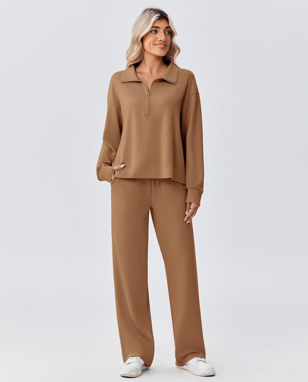 image:imagePINSPARK 2 Piece Sets for Women 12 Zip Sweatsuit Loose Fit Sweatshirt Straight Leg Pants 2025 Matching Outfit Fall TracksuitKhaki