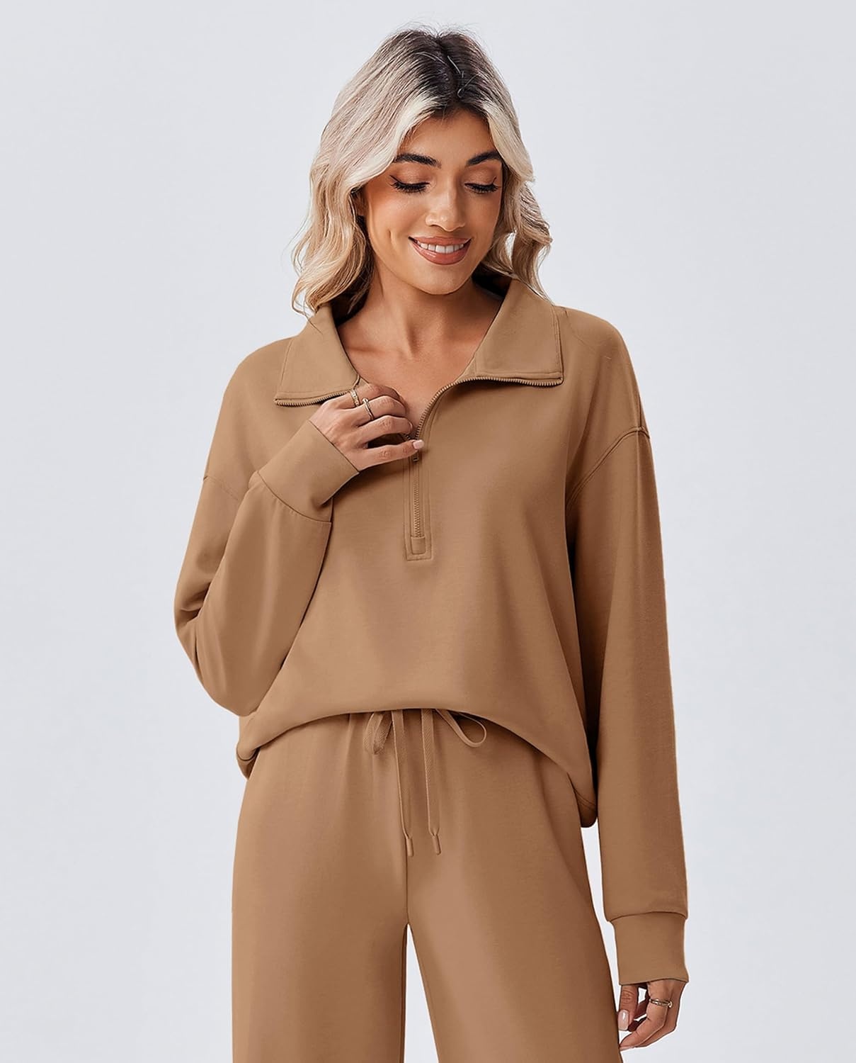 image:imagePINSPARK 2 Piece Sets for Women 12 Zip Sweatsuit Loose Fit Sweatshirt Straight Leg Pants 2025 Matching Outfit Fall TracksuitKhaki
